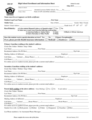 High School Enrollment and Information Sheet
