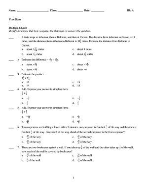 Fractions Multiple Choice Test