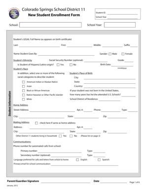Colorado Springs School District 11 New Student Enrollment Form