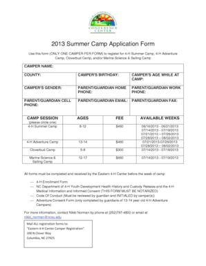2013 4-H Summer Camp Application Form