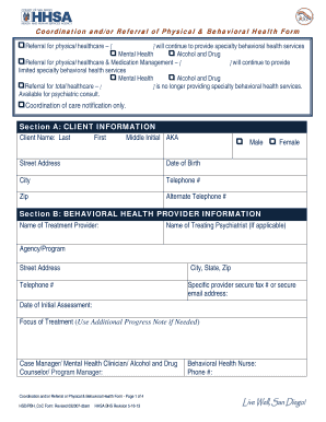 Coordination and Referral of Physical & Behavioral Health Form