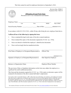 Colorado Affirmation of Legal Work Status Form