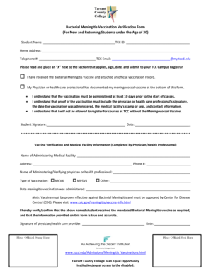 Bacterial Meningitis Vaccination Verification Form