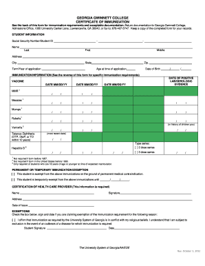 Georgia Gwinnett College Immunization Certificate
