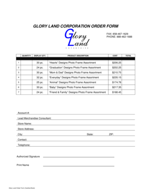 Glory Land Corporation Order Form