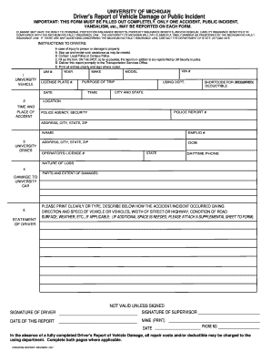 University of Michigan Driver's Report of Vehicle Damage