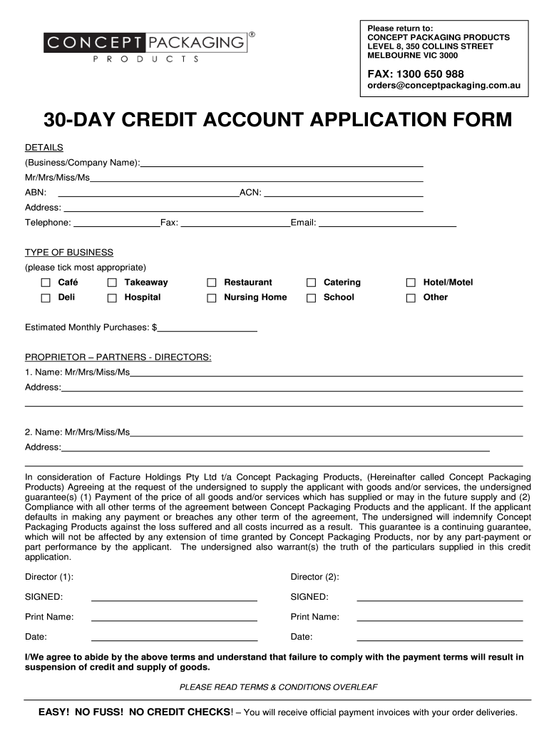 30 day credit application form template Preview on Page 1.