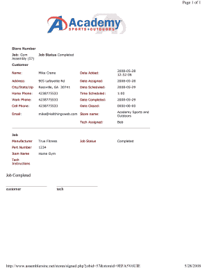 Gym Assembly Job Completion Form