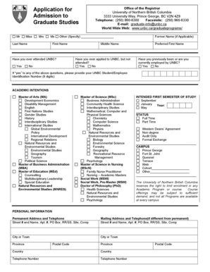 University of Northern British Columbia Graduate Application Form