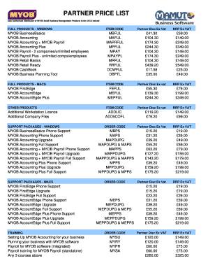 MYOB Partner Price List and Order Form
