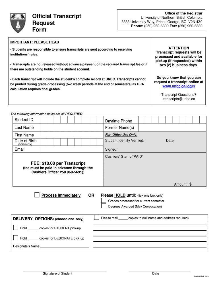 Fillable Online unbc Official Transcript Request Form - University of ...