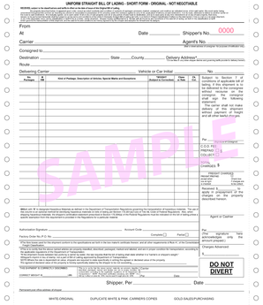 Uniform Straight Bill of Lading Short Form