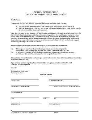 Screen Actors Guild Change or Confirmation of Payee Address