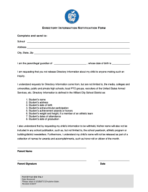 Directory Information Notification Form