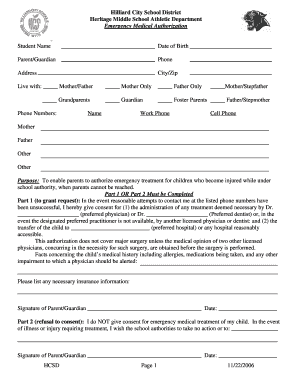 Hilliard City School District Emergency Medical Authorization