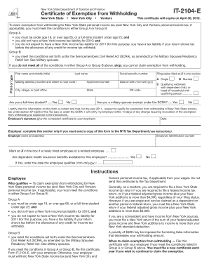 New York State Tax Exemption Certificate IT-2104-E