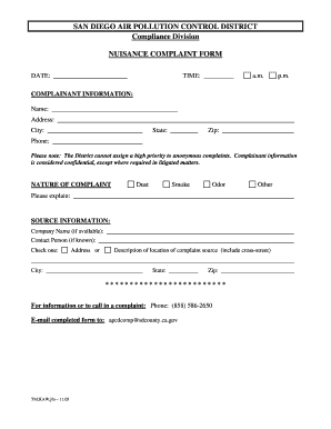 San Diego Air Pollution Control District Nuisance Complaint Form