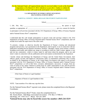 2014 National Science Bowl Parental Consent Form
