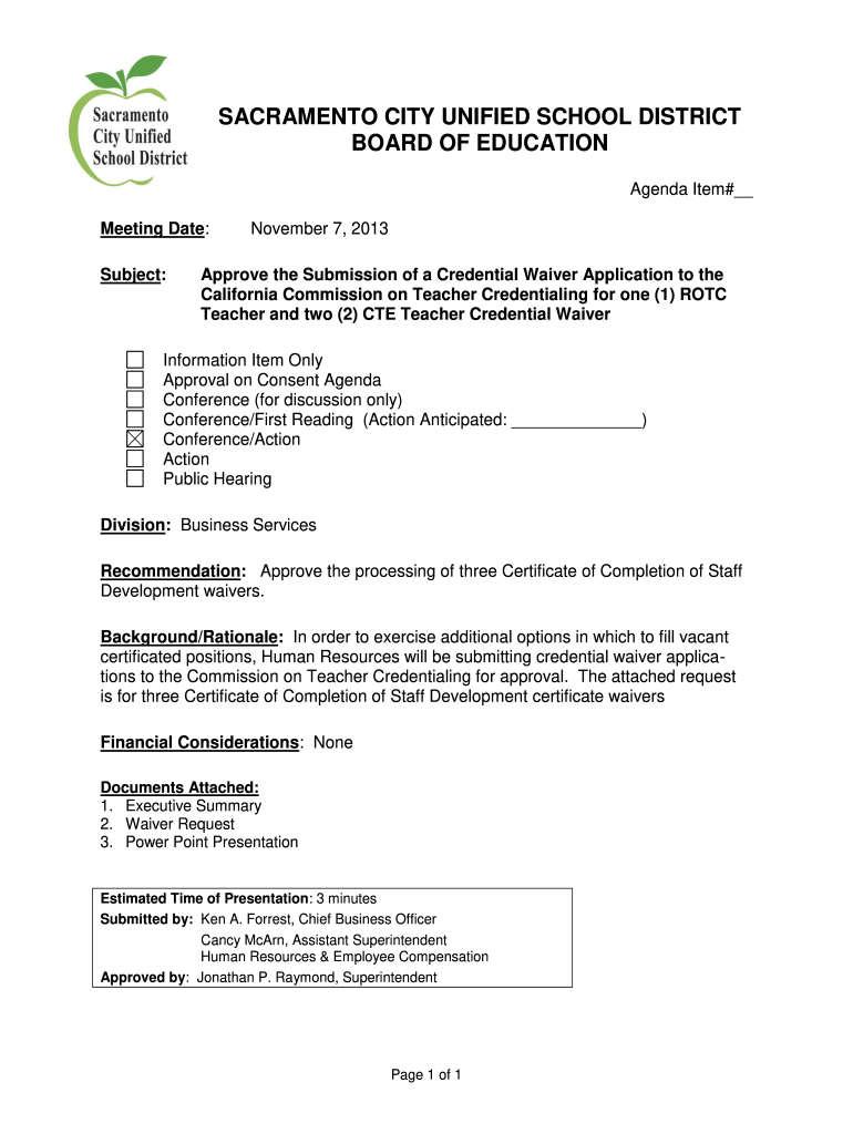 Fillable Online scusd Submission of Credential Waiver Application