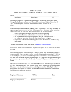 Georgia Employee Right to Know Training Verification Form