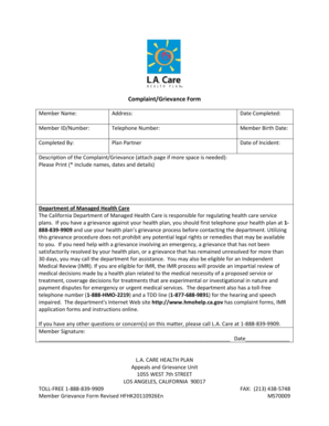 California Health Plan Grievance Form