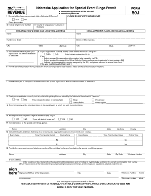 Form 50J, Nebraska Application for Special Event Bingo Permit