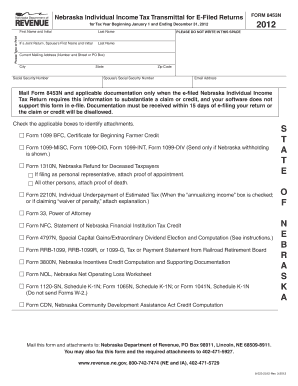 Transmittal format - RESET PRINT Nebraska Individual Income Tax Transmittal for E-Filed Returns for Tax Year Beginning January 1 and Ending December 31, 2012 Please Type or Print First Name and Initial Last Name If a Joint Return, Spouse s First Name and