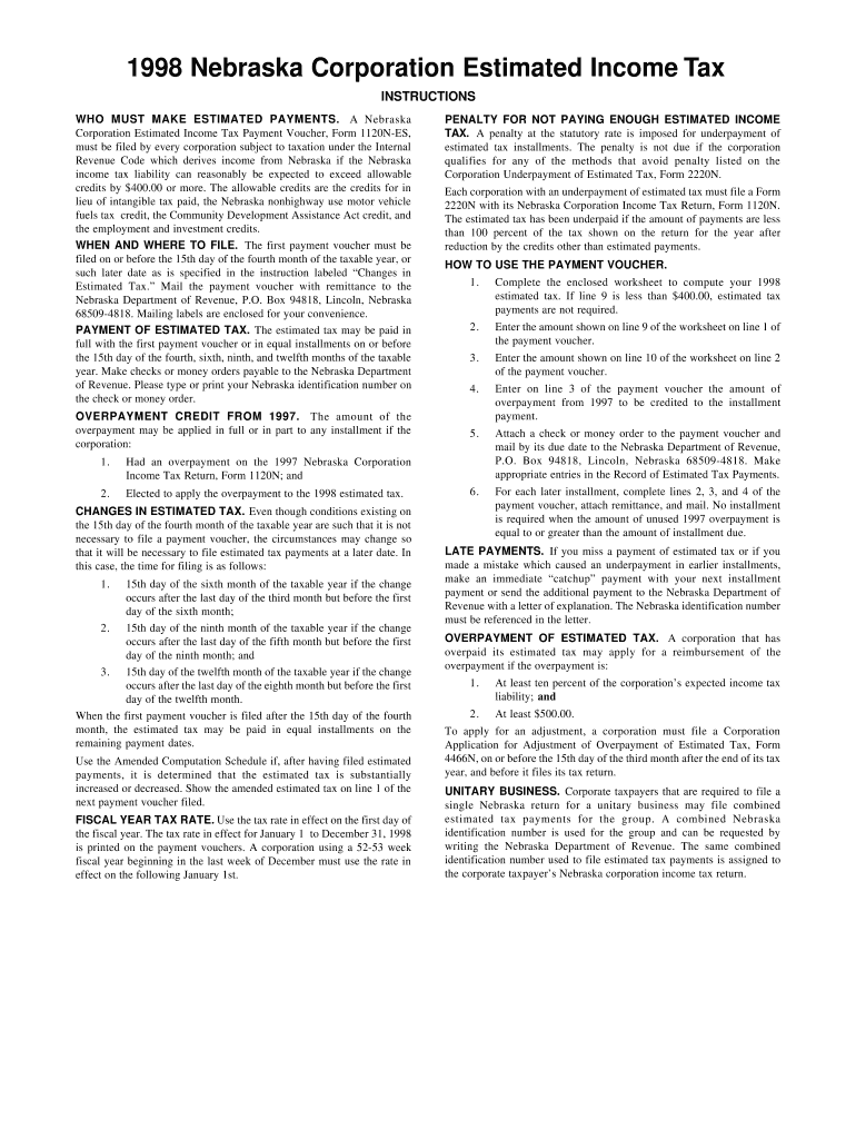 Fillable Online Form 1120NES 1998 Nebraska Corporation Estimated