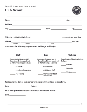 World Conservation Award Cub Scout Form
