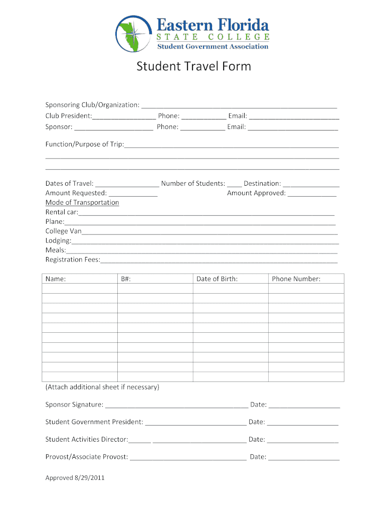 Fillable Online Student Travel Form Eastern Florida State College Fax