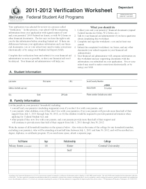 2011-2012 Verification Worksheet Dependent