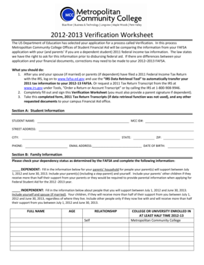 2012-2013 Verification Worksheet