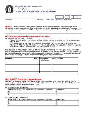 Independent Student Verification Worksheet