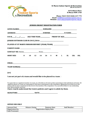 JUNIOR CRICKET REGISTRATION FORM DOB AGE THIS YEAR - Fill and Sign ...