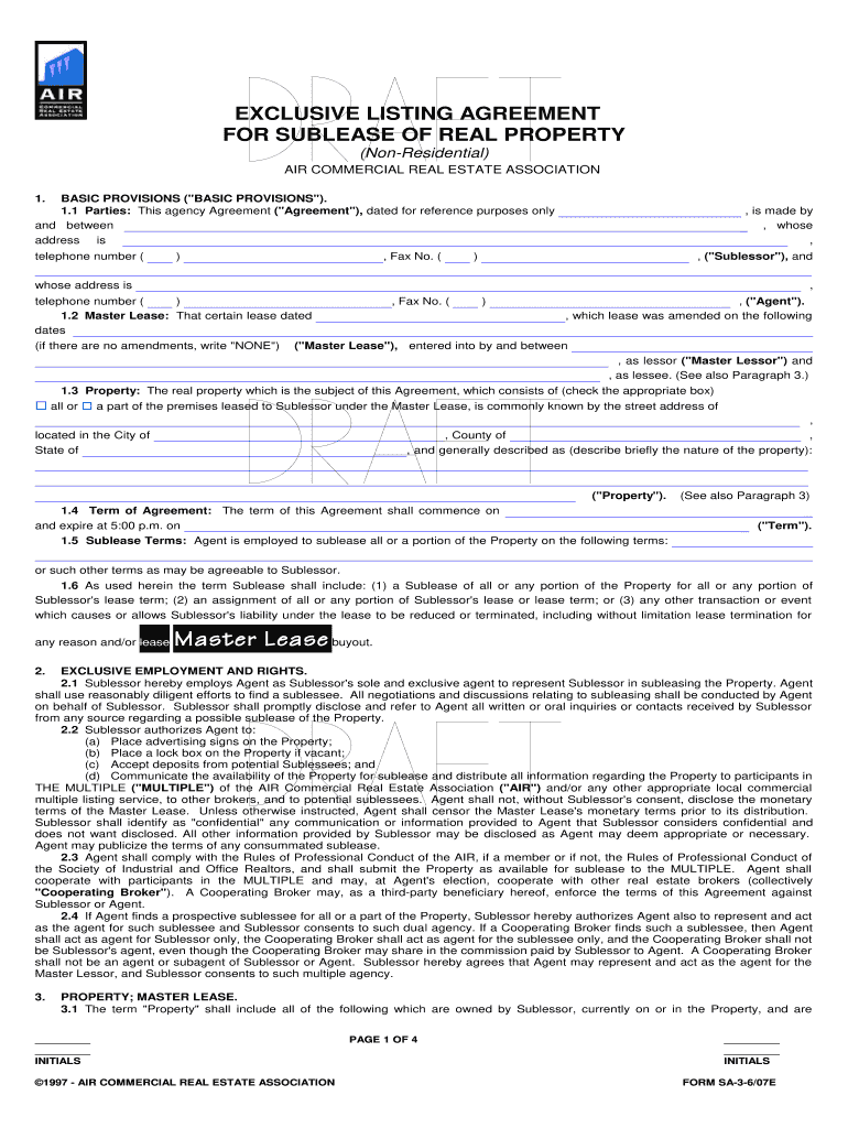 EXCLUSIVE LISTING AGREEMENT FOR SUBLEASE OF REAL PROPERTY (NonResidential) AIR COMMERCIAL REAL ESTATE ASSOCIATION 1 Preview on Page 1