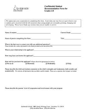 Confidential Student Recommendation Form for Grades 2-8 - ambleside