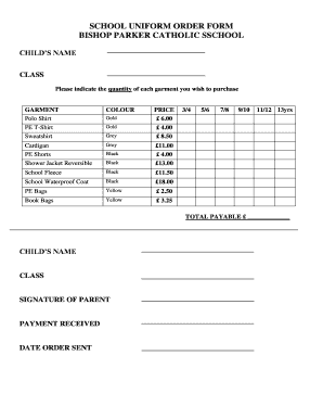SCHOOL UNIFORM ORDER FORM - Bishop Parker Catholic School - bishopparker milton-keynes sch