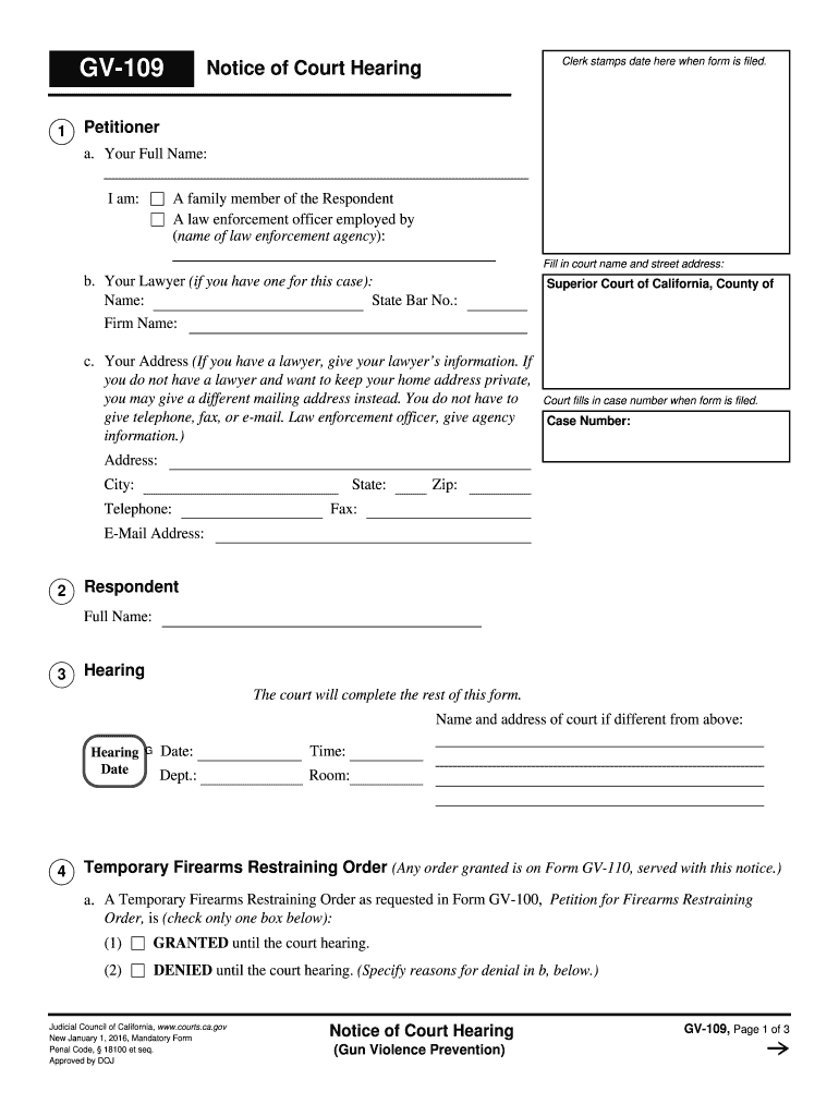 GV-109 notice of Court Hearing. Judicial Council forms - courts ca Preview on Page 1