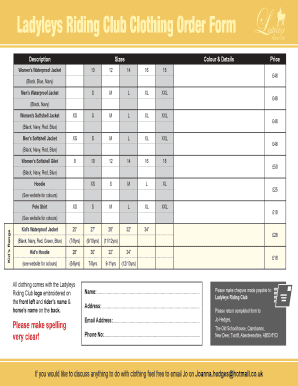 clothing order form template excel fillable printable top size