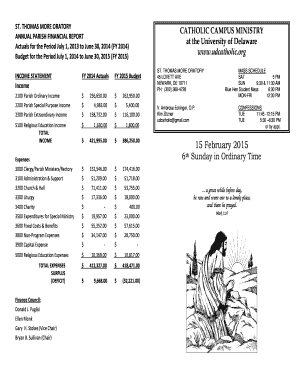THOMAS MORE ORATORY ANNUAL PARISH FINANCIAL REPORT Actuals for the Period July 1, 2013 to June 30, 2014 (FY 2014) Budget for the Period July 1, 2014 to June 30, 2015 (FY 2015) INCOME STATEMENT CATHOLIC CAMPUS MINISTRY at the University of -
