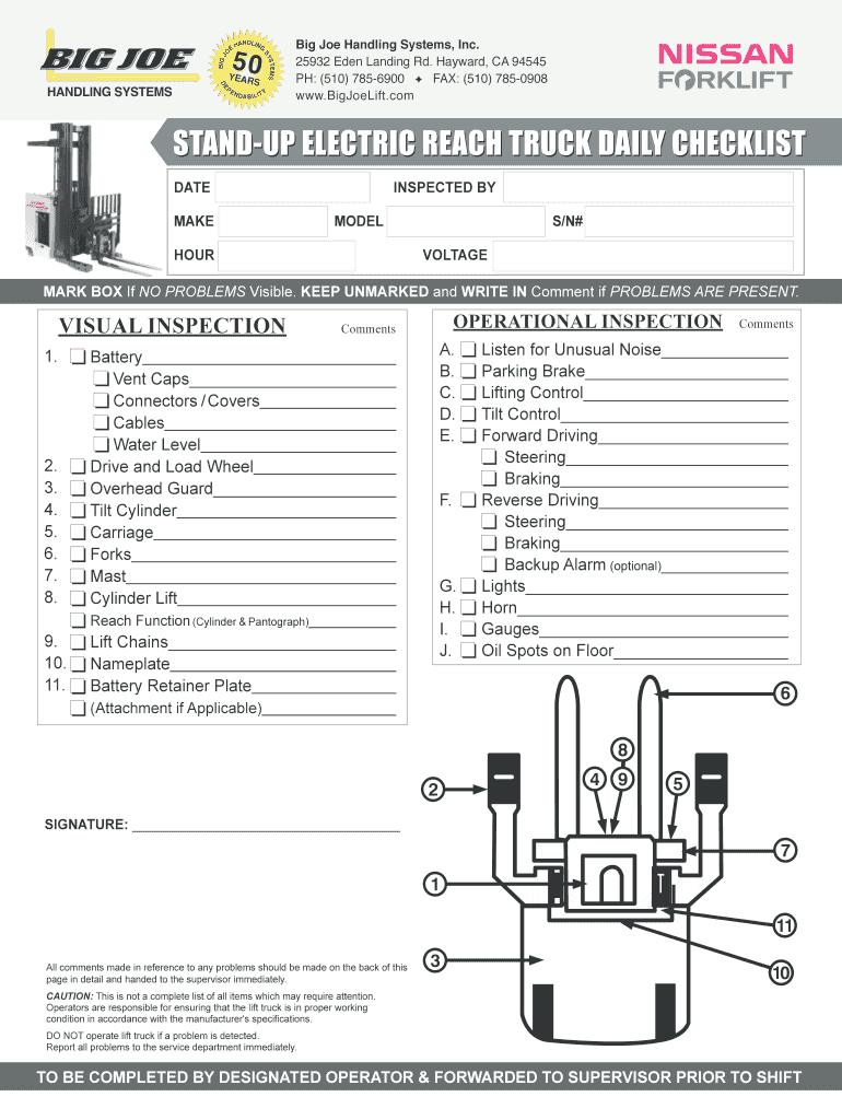 Fillable Online Standup electric reach truck daily checklist Big Joe