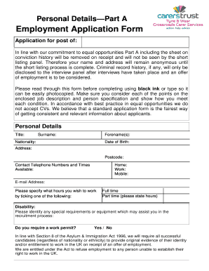 Personal Details Part A Employment Application Form - carerstrusttw org