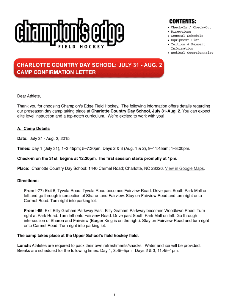Fillable Online CONTENTSNTS Champion's Edge Field Hockey Camps Fax