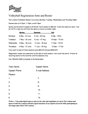 Fillable Online Volleyball Registration Form 2013 - Lookout Bar amp Fax ...