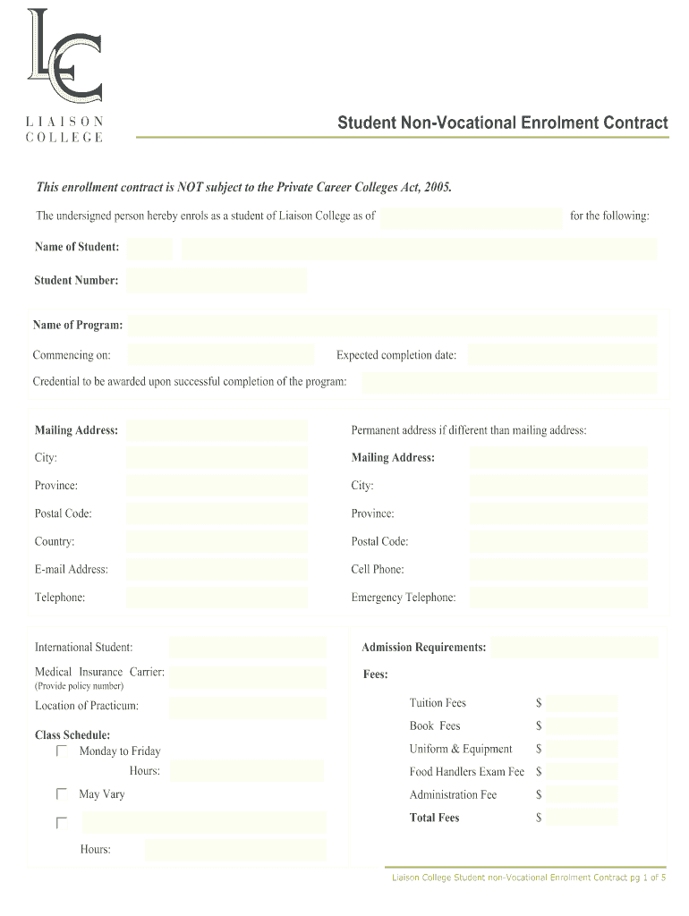 Student Non-Vocational Enrolment Contract - Liaison College Preview on Page 1