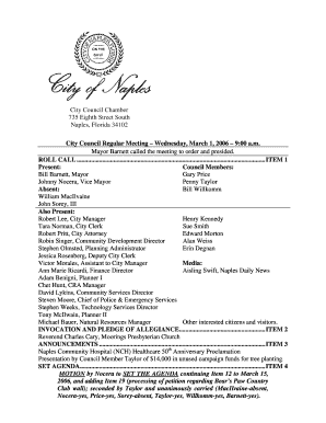 ITEM 1 Present: Council Members: Bill Barnett, Mayor Gary Price Johnny Nocera, Vice Mayor Penny Taylor Bill Willkomm Absent: William MacIlvaine John Sorey, III Also Present: Robert