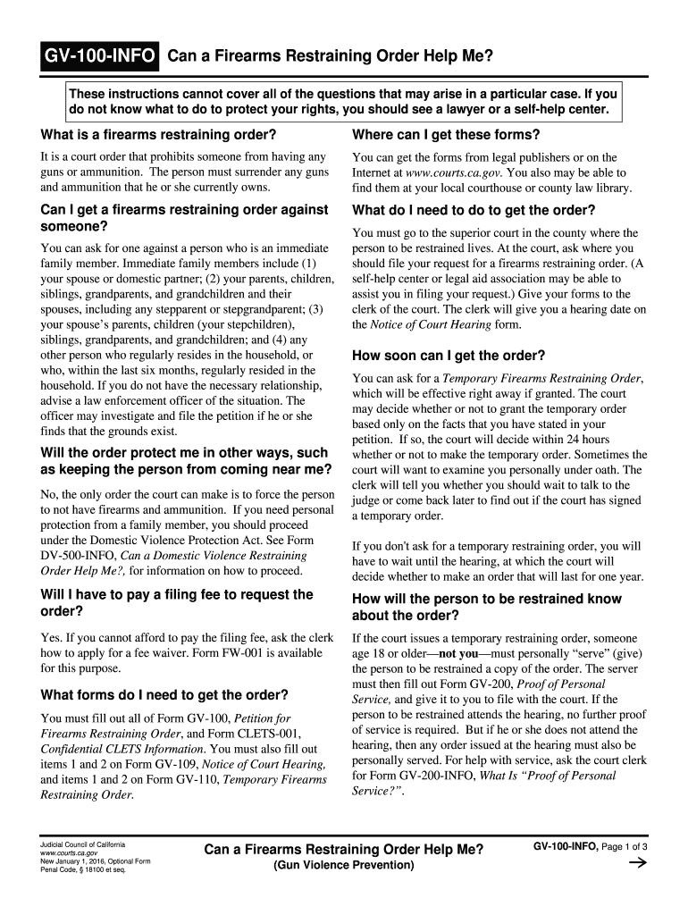 GV-100-INFO Can a Firearms Restraining Order Help Me Gun Violence Prevention Judicial Council forms - courts ca Preview on Page 1