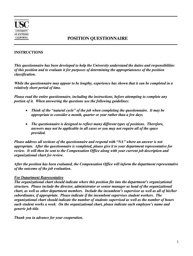 Fillable Online provosthr usc POSITION QUESTIONNAIRE