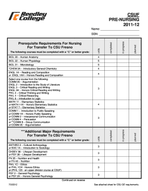 CSUF PRENURSING 201112 Name: 4 ENGL 1A Reading and Composition or ENGL 1AH Honors Reading and Composition planned 5 *CHEM 3A Introductory General Chemistry planned 5 BIOL 31 Microbiology in progress 4 BIOL 22 Human Physiology in progress -