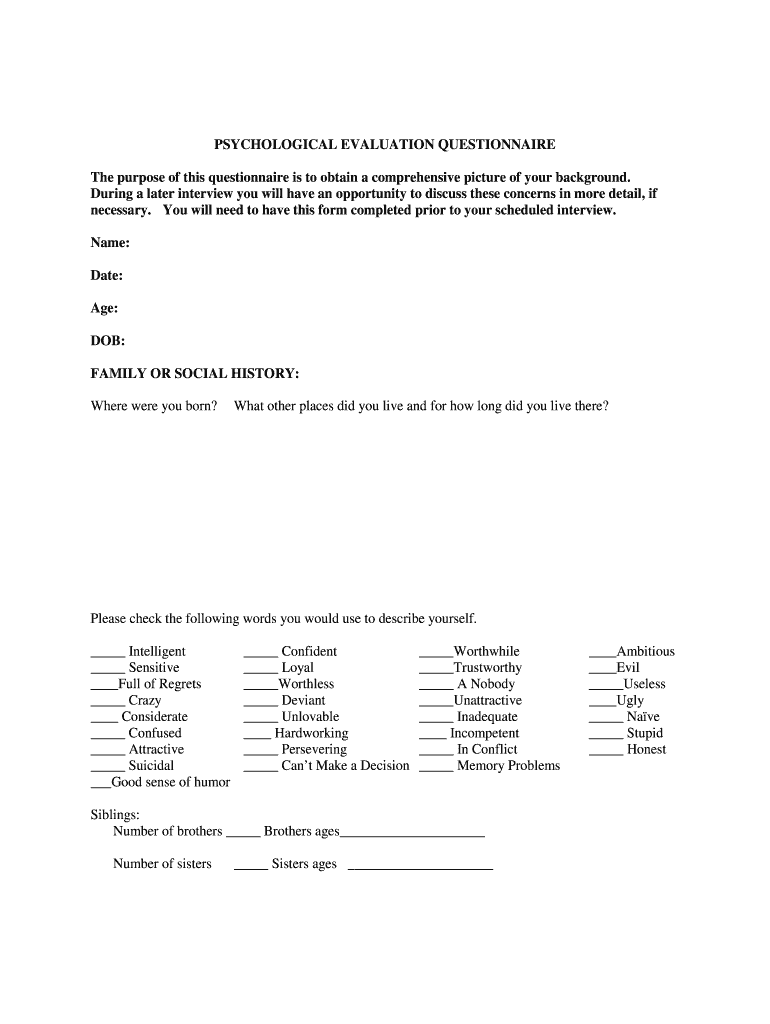 Fillable Online Psychological Evaluation Questionnaire Benson